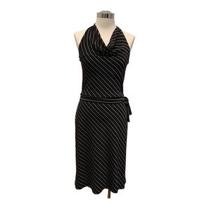 Tristan & Iseut Slim Fit Black Halter Dress with Diagonal Stripes, Size Medium